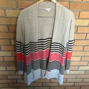 J. Jill Linen Blend Open Front Cardigan Beige Striped Knit Open Front Size XL